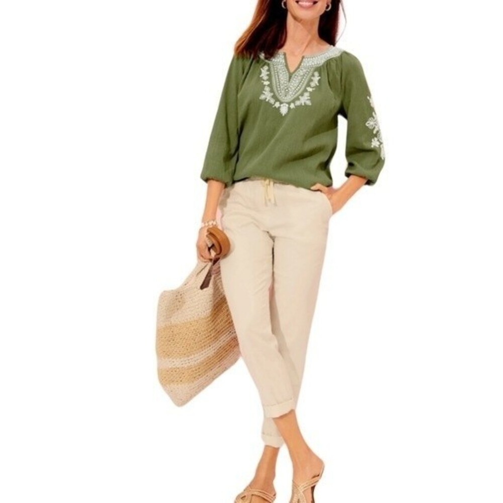 Talbots "Easy Slim Leg Crop Pants" Pull On Elastic Drawstring Button Tab Cuffs